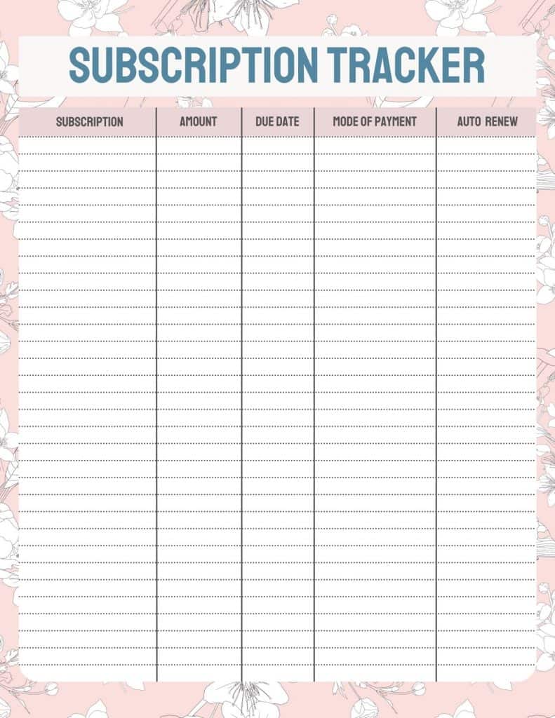 8 free printable subscription trackers - my printable home